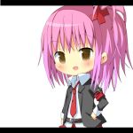  amaa_(chou_dennou_jidai) animated animated_gif armband flat_chest hair_ornament hand_on_hip hinamori_amu hips letterboxed lowres necktie no_nose open_mouth pink_hair ponytail school_uniform short_hair shugo_chara! solo yellow_eyes 