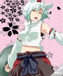  abs animal_ears bare_shoulders collaboration colored detached_sleeves fangs hikimayu inubashiri_momiji looking_at_viewer midriff navel open_mouth red_eyes rururu_(athletic-meet) shield short_hair silver_hair solo somsom sword tail touhou weapon wolf_ears wolf_tail 
