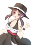  :d bare_shoulders breasts brown_eyes brown_hair casual choker cleavage halterneck hat large_breasts looking_at_viewer okita_sawa open_mouth shirotaso0818 smile solo tari_tari white_background wristband 