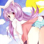  animal_ears ass blush bunny_ears bunny_tail cloud clouds long_hair long_sleeves looking_at_viewer mike_(mikenekotei) moon open_mouth panties pink_hair rabbit_ears red_eyes reisen_udongein_inaba solo striped striped_panties tail touhou underwear 