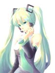  aokiri_(dolce) detached_sleeves green_eyes green_hair hatsune_miku headphones highres long_hair necktie simple_background solo very_long_hair vocaloid white_background 