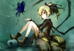  1girl antennae blonde_hair bow butterfly butterfly_wings grass hair_bow insect kurodani_yamame long_sleeves loxodon ponytail red_eyes short_hair solo spider_web touhou web wings 