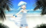  beach blue_hair closed_eyes dress eyes_closed hat ikamusume long_hair misoinu outstretched_arms shinryaku!_ikamusume spread_arms tentacle_hair 