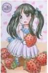  akiyama_mio bare_shoulders black_eyes black_hair blush breasts child colored_pencil_(medium) food fruit gloves highres hime_cut k-on! large_breasts long_hair mary_janes plush purple_eyes shoes solo strawberry traditional_media twintails 