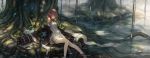  barefoot black_jacket brown_hair closed_eyes container dress elf eyes_closed feet_in_water highres leaf long_hair monono original plant pointy_ears roots soaking_feet solo tree water white_dress 