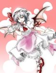 apron ascot bat_wings bow cup fang frills hat hat_ribbon jewelry open_mouth puffy_sleeves red_eyes remilia_scarlet ribbon shiina_shian short_sleeves silver_hair slit_pupils solo spoon sugar teacup touhou tray watch wings wristwatch 