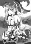  bare_shoulders breasts choker copyright_request detached_sleeves dress facial_tattoo hat jewelry kneeling long_hair monochrome necklace pentagram sayamai_miyabi side_slit smile solo tattoo thigh-highs thighhighs witch_hat 