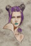  1girl bare_shoulders black_hair double_bun jojo_no_kimyou_na_bouken kuujou_jolyne lipstick makeup multicolored_hair p_second purple_hair realistic solo two-tone_hair 