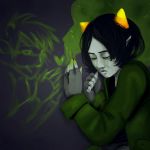  1girl black_hair blood closed_eyes coat cover crying eyes_closed grey_skin heart highres homestuck horns karkat_vantas nepeta_leijon painting solo tears 