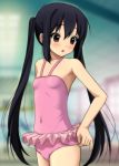  :o adjusting_swimsuit bare_shoulders black_hair blush brown_eyes casual_one-piece_swimsuit flat_chest halterneck highres k-on! long_hair nakano_azusa one-piece_swimsuit ryunnu solo swimsuit twintails very_long_hair 