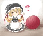  ? aenobas ball_of_string blonde_hair chibi curious dress hammer_(sunset_beach) hat kirisame_marisa long_hair miniskirt outstretched_arms red_string skirt solo string touhou witch_hat yarn yellow_eyes 