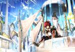 armor blush boots clouds elsword gloves long_hair red_eyes redhead scorpion5050 sky water 
