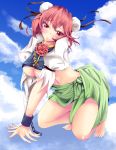  azusayumi_meme bandage bandages barefoot blush breasts chain chains chinese_clothes cloud clouds cuffs double_bun flower highres ibaraki_kasen navel puffy_sleeves red_eyes red_hair redhead rose short_hair short_sleeves sky solo touhou under_boob underboob 