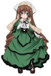  blush brown_hair green_eyes heterochromia long_hair looking_at_viewer red_eyes rozen_maiden simple_background skirt_lift solo suiseiseki takumi_(rozen_garten) very_long_hair white_background 