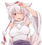  ;d animal_ears arm_up bare_shoulders blush breasts hasu_(hk_works) hat impossible_clothes impossible_shirt inubashiri_momiji open_mouth short_hair sideboob simple_background smile solo tokin_hat touhou white_background white_hair wink wolf_ears 