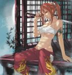  arms_up bare_shoulders bow breasts earrings erza_scarlet fairy_tail hair_bow hakama highres japanese_clothes jewelry long_hair navel nyami ponytail red_eyes red_hair redhead sarashi sitting solo sword tattoo under_boob underboob weapon 