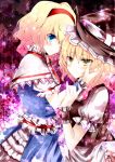  alice_margatroid blonde_hair blue_eyes bow capelet hairband hand_on_another&#039;s_face hand_on_another's_face hat hat_bow kirisame_marisa kurekore multiple_girls sparkle star touhou witch_hat wrist_cuffs yellow_eyes 