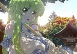  bamboo_broom breasts broom cleavage detached_sleeves gohei green_eyes green_hair huge_breasts japanese_clothes kochiya_sanae long_hair miko nature nichi_doriimu open_mouth shade shimenawa shrine sky solo stare sweat sweatdrop touhou tree tree_shade 