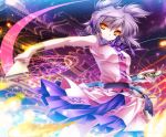  dress earmuffs grey_hair highres holding magic_circle moneti_(daifuku) orange_eyes short_hair silver_hair skirt smile solo sword touhou toyosatomimi_no_miko weapon yellow_eyes 