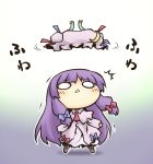  1girl :&lt; blush bow chibi crescent dress hair_bow hat hat_removed headwear_removed long_hair nekoguruma o_o outline patchouli_knowledge purple_hair solo touhou translated translation_request 