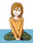  alternate_hairstyle brown_eyes brown_hair highres hoodie indian_style k-on! parka short_hair sitting tainaka_ritsu zasshu_tamashii 