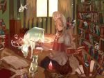  1girl blonde_hair book bookshelf bubble cat crystal deer fish hat indoors magic magic_research open_book original ran_(pixiv2957827) sitting solo table wand window 