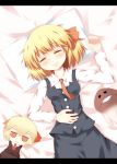  =_= ^_^ ahoge blonde_hair blush character_doll closed_eyes crossover drooling eyes_closed funghi hair_ribbon hand_on_stomach highres hungry kousa_(black_tea) letterboxed lying on_back osawari_tantei pillow ribbon rumia saliva short_hair sleeping smile solo touhou 