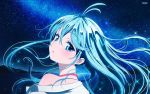  blue_hair denpa_onna_to_seishun_otoko highres long_hair looking_back milky_way off_shoulder solo star_(sky) stars touwa_erio 