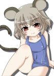  alternate_costume animal_ears blush brown_eyes collarbone grey_hair leg_up looking_at_viewer masiromu mouse_ears mouse_tail nazrin school_swimsuit short_hair sitting smile solo swimsuit tail touhou 