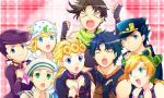  &gt;_&lt; 1girl 6+boys black_hair blonde_hair blue_eyes blue_hair carnival_phantasm giorno_giovanna green_eyes green_hair hat higashikata_jousuke higashikata_jousuke_(jojolion) johnny_joestar jojo_no_kimyou_na_bouken jojolion jonathan_joestar joseph_joestar_(young) kuujou_jolyne kuujou_joutarou multiple_boys noir39 parody purple_hair steel_ball_run type-moon 