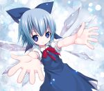  blue_eyes blue_hair bow cirno ice ice_wings kiira outstretched_arms ribbon short_hair smile solo touhou wings 