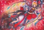  ascot bat_wings blonde_hair bow flandre_scarlet flower hat long_hair mosho multiple_girls purple_hair red_eyes remilia_scarlet rose short_hair siblings side_ponytail sisters skirt skirt_set smile touhou traditional_media watercolor_(medium) wings wrist_cuffs 