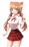  animal_ears blush breasts cat_ears checkered checkered_skirt green_eyes hair_ribbon large_breasts light_brown_hair long_hair miniskirt open_mouth original plaid plaid_skirt pleated_skirt ribbon shirt short_sleeves skirt smile solo twintails zenn 