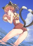  animal_ears ball bow brown_hair casual_one-piece_swimsuit cat_ears cat_tail chen cloud clouds earrings gradient_hair jewelry multicolored_hair multiple_tails one-piece_swimsuit red_eyes sasaharu short_hair sky solo swimsuit tail touhou water 