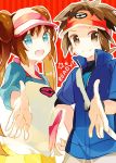  1girl bag blue_eyes brown_eyes brown_hair double_bun english hand_on_hip hat hips jacket kyouhei_(pokemon) long_hair looking_at_viewer mei_(pokemon) messenger_bag namie-kun open_mouth outline outstretched_hand pokemon pokemon_(game) pokemon_bw2 raglan_sleeves red_background short_hair shoulder_bag smile star striped striped_background twintails visor_cap 