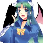  1girl breasts card choker crescent demon_wings dress fingerless_gloves gloves green_eyes green_hair hat long_hair mima open_mouth ribbon smile solo syouzyomiku touhou touhou_(pc-98) wings wins wizard_hat 