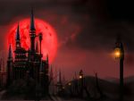  castle clock clock_tower cloud clouds full_moon highres moon night no_humans red_moon scarlet_devil_mansion scenery shadowing touhou tower 