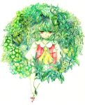  ascot buttons clover fern flower green_hair kazami_yuuka leaf looking_at_viewer parted_lips petals plaid plaid_vest puffy_sleeves red_eyes short_hair short_sleeves simple_background solo touhou tugumi0w0 white_background wreath 