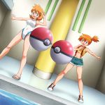  blue_eyes breasts competition_swimsuit dual_persona highres kasumi_(pokemon) midriff misty_(pokemon) navel one-piece_swimsuit open_mouth orange_hair poke_ball pokemon pokemon_(anime) pokemon_(game) pokemon_hgss pool sandals shoes short_hair shorts side_ponytail sneakers suspenders swimsuit tsukiomi_hikari water 