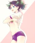  1girl black_hair blue_eyes bra buruma genderswap gym_uniform jojo_no_kimyou_na_bouken joseph_joestar_(young) noir39 ponytail shirt_lift solo underwear undressing 