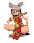  alternate_costume black_eyes china_dress chinese_clothes dress floral_print hand_on_thigh headphones looking_at_viewer onikobe_rin ritual_baton short_hair side_slit silver_hair sleeveless sleeveless_dress smile solo spread_legs squatting touhou toyosatomimi_no_miko wristband 