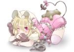  biting blonde_hair blush child flandre_scarlet hat hat_ribbon highres laevatein lying on_stomach pointy_ears red_eyes ribbon short_hair shunsuke side_ponytail simple_background solo stuffed_animal stuffed_toy tail teddy_bear top-down_bottom-up touhou white_background wings wink wrist_cuffs 