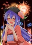  alternate_costume blue_hair blush closed_eyes dress eyes_closed fireworks floral_print food fruit hands_clasped hat highres hinanawi_tenshi japanese_clothes kimono long_hair open_mouth peach red_dress reflection sash smile solo touhou wakagi_repa wide_sleeves 