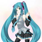  aqua_hair detached_sleeves green_eyes hatsune_miku headset highres long_hair open_mouth skirt solo thigh-highs thighhighs twintails very_long_hair vocaloid wacchi 