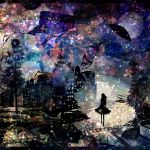  abstract_background bad_id cityscape frilled_skirt harada_miyuki highres long_hair moon original scenery shadow solo tree umbrella walking 