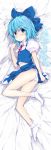  asterisk_(artist) blue_eyes blue_hair blush bow cirno feet hair_bow highres ice ice_wings lying no_shoes panties short_hair skirt socks solo touhou underwear white_legwear white_panties wings 