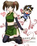  1girl blush boots bridal_gauntlets brown_eyes brown_hair chibi_inset circlet dragon_quest dragon_quest_iii elbow_gloves fighter_(dq3) gloves hair_bobbles hair_ornament kneeling lowres midriff orikoshi_shino roto short_hair short_twintails side_slit skirt smile sword thigh-highs thighhighs twintails weapon 