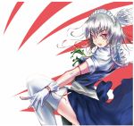  braid demonk gloves highres izayoi_sakuya knife maid_headdress red_eyes short_hair silver_hair solo thigh-highs thighhighs touhou twin_braids white_gloves white_legwear 