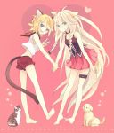  akiyoshi_(tama-pete) animal_ears barefoot blonde_hair blue_eyes braid cat cat_ears cat_tail dog dog_ears dog_tail hand_holding heart holding_hands ia_(vocaloid) kagamine_rin kemonomimi_mode long_hair looking_at_viewer multiple_girls open_mouth pink_background pink_hair short_hair smile tail thigh_strap twin_braids v very_long_hair vocaloid 