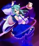  animal armpits eyes fang frills frog glowing glowing_eyes green_eyes green_hair hair_ornament hat highres kochiya_sanae long_hair long_sleeves open_mouth outstretched_hand pyonta red_eyes salixcbose snake solo touhou wide_sleeves 